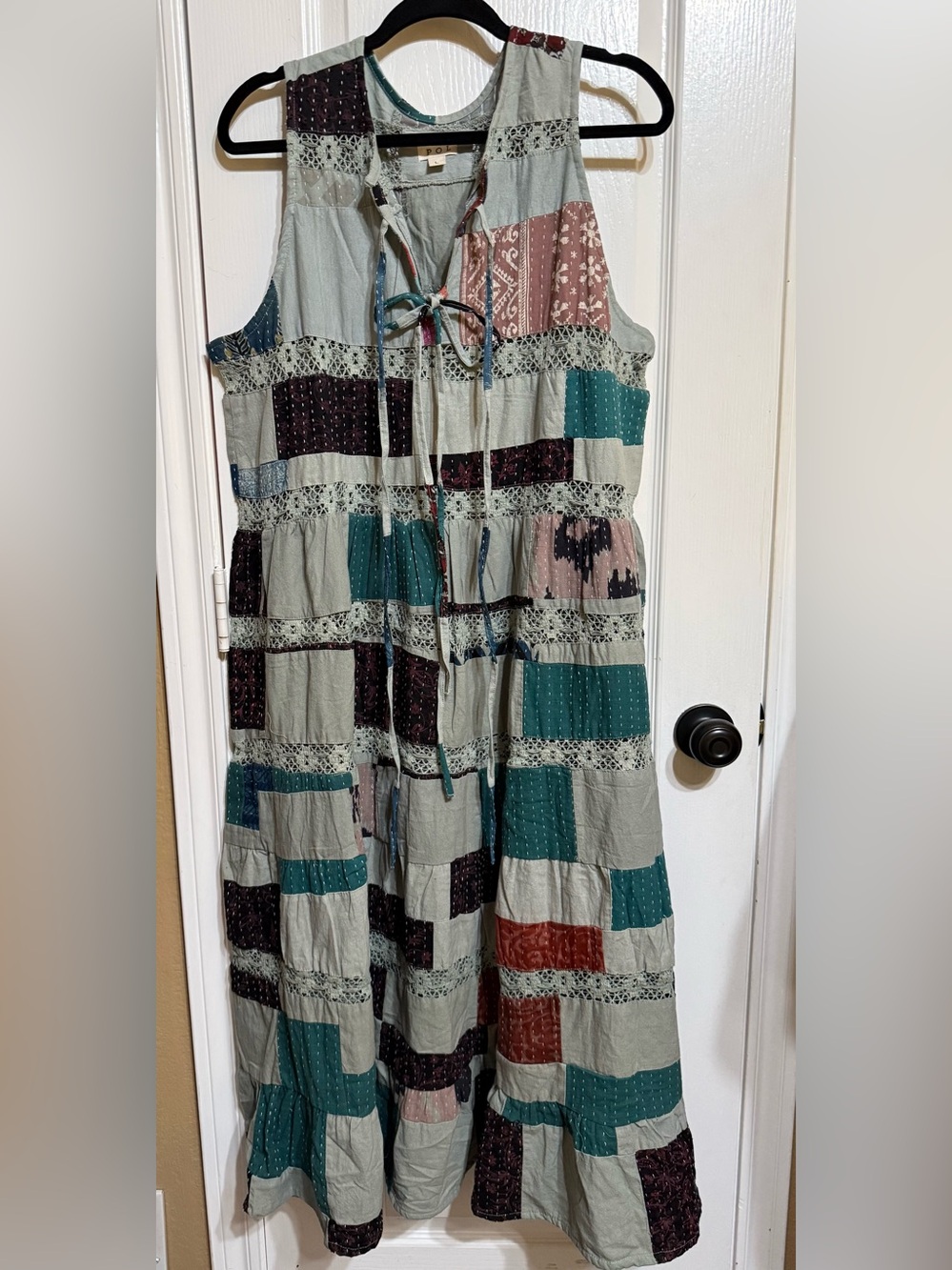 H082 New POL pp21 Patchwork Tiered Maxi Dress in Teal, Navy & Rust - Picture 3 of 13